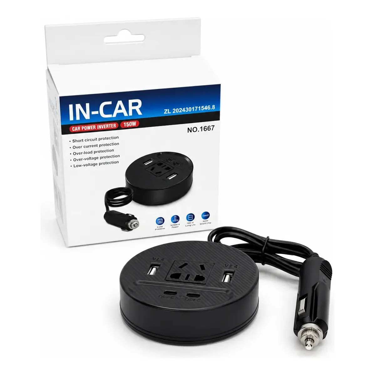 Inversor de corriente para cigarrera, Puertos USB y USB C Cable Cargador