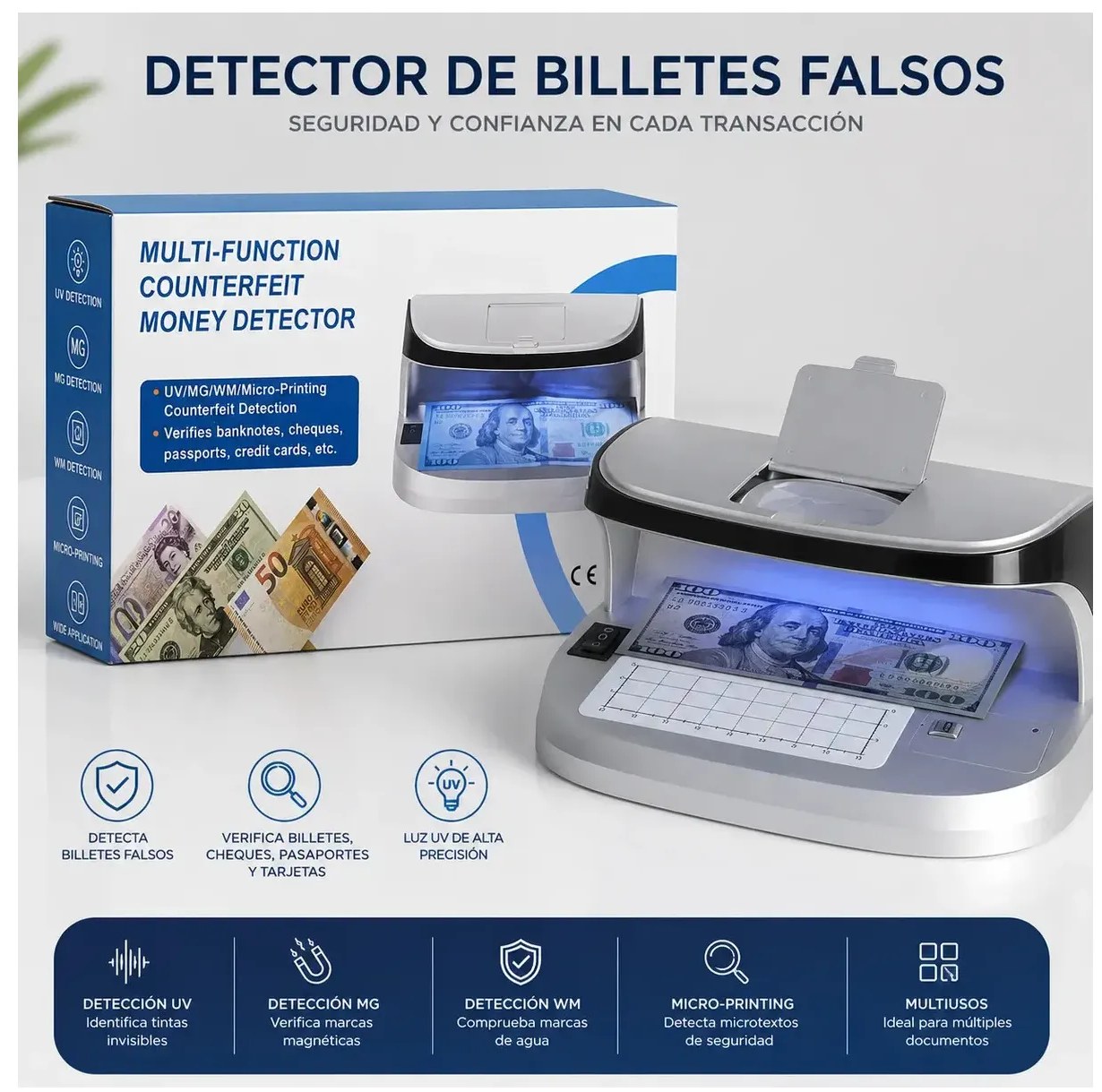 Detector de billetes Falsos Euros, dolares y bs.