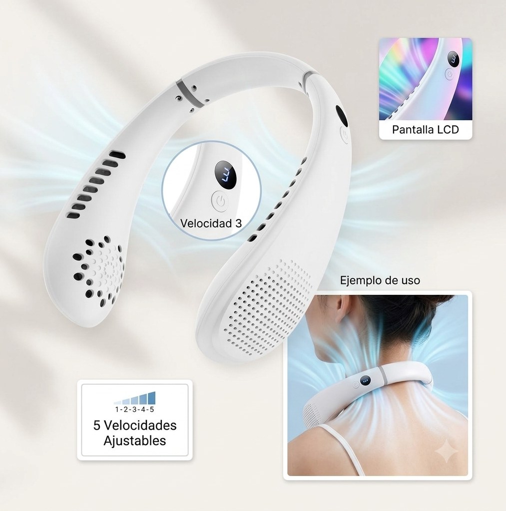Ventilador de Cuello de 5 velocidades y pantalla LCD
